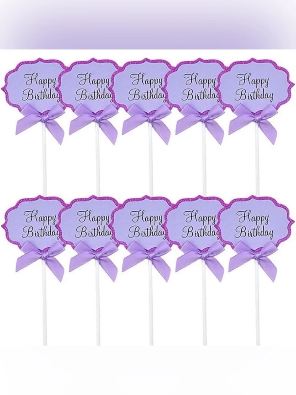 💞 New Pack of 10 Lavender & Purple Glitter Happy Birthday Cupcake & Cake Toppers